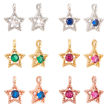 Nbeads 12Pcs 6 Colors Brass Inlaid Clear Cubic Zirconia Charms, Star, Mixed Color, 11x7.5x4mm, Hole: 2mm, 2pcs/color