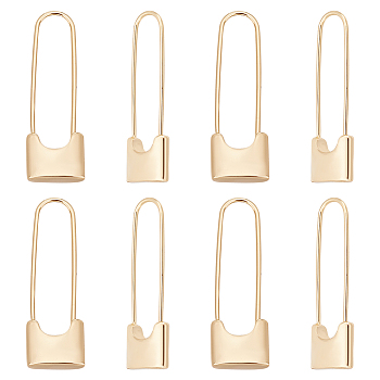 8Pcs Brass Safety Pin Shape Dangle Hoop Earrings for Men Women, Real 14K Gold Plated, 30x9.5x3.4mm, Pin: 0.7mm