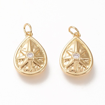 Brass Pendants, with Clear Cubic Zirconia and Jump Rings, Long-Lasting Plated, Teardrop with Star, Real 18K Gold Plated, 16x10.5x3.3mm, Jump Ring: 4x0.7mm, 2.6mm Inner Diameter