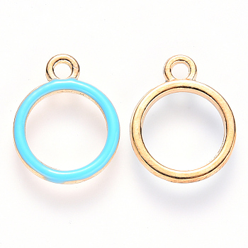 Alloy Enamel Pendants, Round Ring, Light Gold, Sky Blue, 16x13x2mm, Hole: 1.8mm