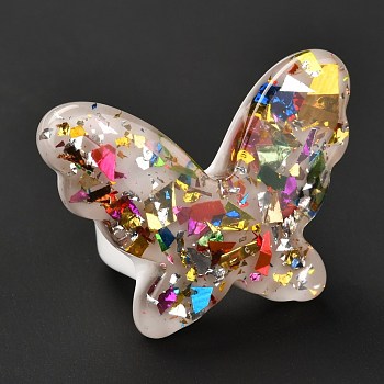 Acrylic Finger Rings, with Paillette, Butterfly, Clear, 6.5~29.5mm, Inner Diameter: 18mm, butterfly: 29.5x38.5x6mm.
