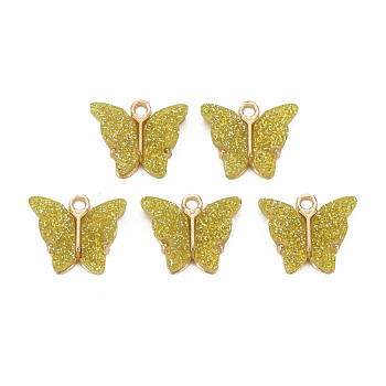 Resin Pendants, with Glitter Powder and Light Gold Plated Alloy Findings, Cadmium Free & Lead Free, Butterfly, , Light Khaki, 14x16x3.5mm, Hole: 1.6mm