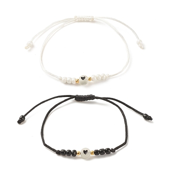 2Pcs Flat Round with Heart Acrylic Braided Bead Bracelets Set with Glass Seed, Luminous Beaded Stackable Adjustable Bracelets for Women, White & Black, Inner Diameter: 2~3-3/8 inch(5~8.7cm)