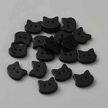 Resin Cat Shape Buttons, 2-Hole, Black, 10x12x2.5mm, Hole: 1.2mm