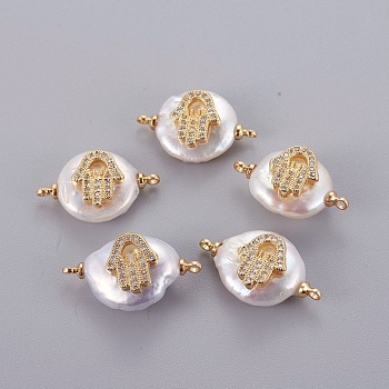 Natural Pearl Links connectors, with Brass Micro Pave Cubic Zirconia Cabochons, Nuggets with Hamsa Hand/Hand of Fatima/Hand of Miriam, Clear, Golden, 19~25x12~18x5~10mm, Hole: 1.2mm