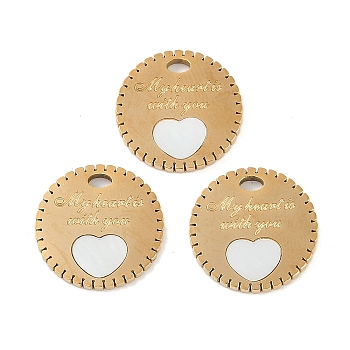 Ion Plating(IP) 304 Stainless Steel Charms, with Pave Shell, Flat Round with Heart & Word My Heart is with You Charm, Real 18K Gold Plated, 14.5x1.5mm, Hole: 1.5x2.5mm