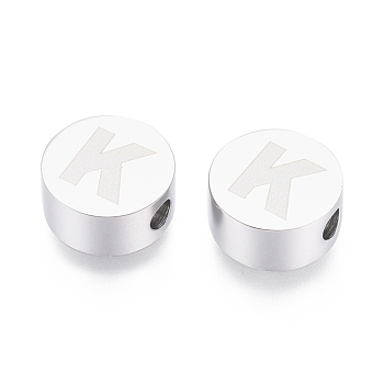 304 Stainless Steel Beads, Flat Round with Letter, Letter.K, 10x4.5mm, Hole: 2mm