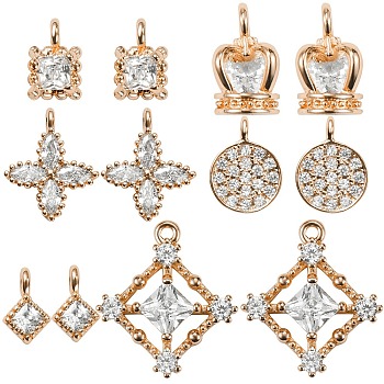 12Pcs 6 Style Brass Pendants, with Clear Cubic Zirconia, Mixed Shapes, Real 18K Gold Plated, 7.5x5x3mm, Hole: 1mm