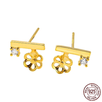 Flower 925 Sterling Silver with Clear Cubic Zirconia Stud Earring Findings, Earring Settings for Half Drilled Beads, with S925 Stamp, Real 18K Gold Plated, 8x9mm, Pin: 11X0.7mm and 0.7mm