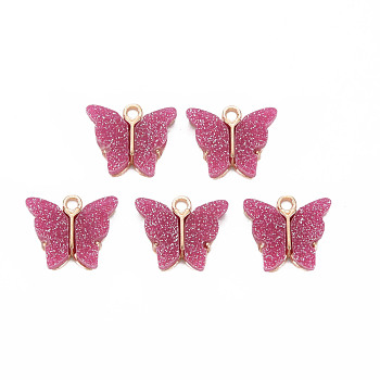 Resin Pendants, with Glitter Powder and Light Gold Plated Alloy Findings, Cadmium Free & Lead Free, Butterfly, , Medium Violet Red, 14x16x3.5mm, Hole: 1.6mm