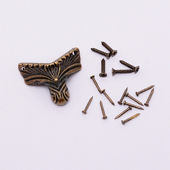 Zinc Alloy Box Corner Protectors, with Iron Screws and Nail, For Furniture Jewelry Box Decoration, Antique Bronze, 31x14x26mm, Hole: 1.4/3.5mm