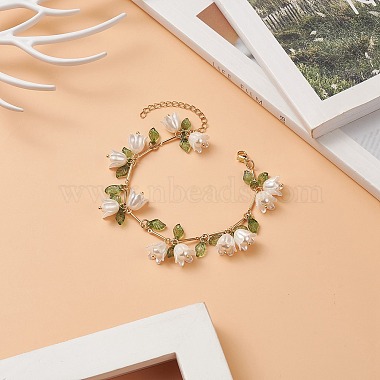 Shell Pearl Flower with Leaf Charm Bracelet with Bar Link Chains(BJEW-TA00215)-2