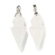 Natural Quartz Crystal Pointed Pendants, Rock Crystal Faceted Bullet Shaped Charms with Rack Plating Brass Snap on Bails, Platinum, Cadmium Free & Lead Free, 43x14mm, Hole: 4x5mm(G-F766-08AS-08)