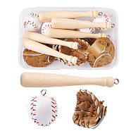 15Pcs 3 Style PU Leather & Theaceae Wood Baseball Exercise Pendants, for DIY Keychain Decoration Accessories, Glove & Bat & Baseball, Mixed Color, 5pcs/Style(FIND-TA0001-65)
