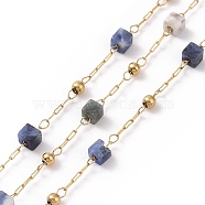 Natural Sodalite Square Beaded Chains, with Golden 304 Stainless Steel Findings, Unwelded, 2~3x2~2.5x2~2.5mm, about 3.28 Feet(1m)/Box(AJEW-SZ0002-43A)