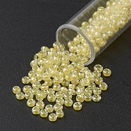 11/0 Grade A Round Glass Seed Beads, Transparent Inside Colours, Luster Plated, Lemon Chiffon, 2.3x1.5mm, Hole: 1mm, about 48500pcs/pound(SEED-N001-F-251)