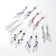 Natural Gemstone Dangle Earrings, Tassels Earrings, with Brass Earring Hooks, Feather, 110mm, Pin: 0.7mm(X-EJEW-JE02225)