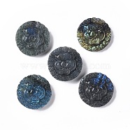Natural Labradorite Cabochons, Flat Round with Tiger Head, 34~35x33.5~34x8.5~13mm(G-G985-08)