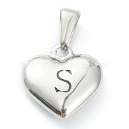 304 Stainless Steel Pendants, Heart with Black Letter, Stainless Steel Color, Letter.S, 16x16x4.5mm, Hole: 7x3mm(X-STAS-P278-01S-P)