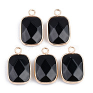 Faceted Natural Black Stone Pendants, with Golden Plated Brass Edge and Loop, Rectangle, 22x13.5x5.5mm, Hole: 2mm(G-S359-179B)