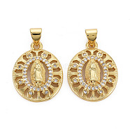 Brass Micro Pave Cubic Zirconia Pendants, Nickel Free, Oval with Virgin, Real 16K Gold Plated, 22x17x3mm, Hole: 3x5mm(KK-Q252-089-NF)