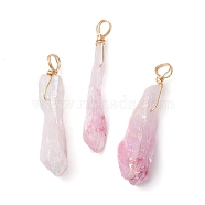 Electroplated Natural Quartz Crystal Dyed Pendants, Teardrop Charms with Golden Plated Copper Wire Loops, Pink, 34~37x6~10.5x6~9.5mm, Hole: 3.5mm(PALLOY-JF02325-06)