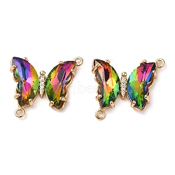 Brass Pave Faceted Glass Connector Charms, Golden Tone Butterfly Links, Colorful, 20x22x5mm, Hole: 1.2mm(FIND-Z020-04J)