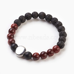 Natural Sandalwood, Lava Rock & Frosted Black Agate Beads Stretch Bracelets, with 304 Stainless Steel Beads, Flat Round, 2-1/8 inch(5.5cm)(X-BJEW-JB03821-05)