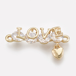 Cubic Zirconia Links, Real 18K Gold Plated, with Brass Findings, Word Love with Heart, Clear, 10x19.5x3.5mm, Hole: 1mm(KK-S348-085)