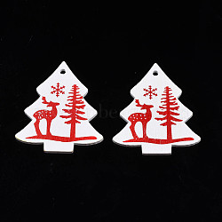 Christmas Theme Spray Painted Wood Pendants, Single-Sided Printed, Christmas Tree with Reindeer/Stag, White, 49x43x2.5mm, Hole: 2mm(WOOD-N005-53A)