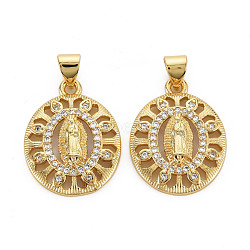 Brass Micro Pave Cubic Zirconia Pendants, Nickel Free, Oval with Virgin, Real 16K Gold Plated, 22x17x3mm, Hole: 3x5mm(KK-Q252-089-NF)