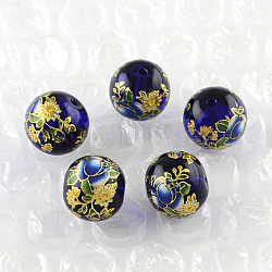 Rose Flower Pattern Printed Round Glass Beads, Medium Blue, 10x9mm, Hole: 1.5mm(GFB-R004-10mm-S05)