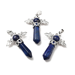 Natural Lapis Lazuli Dyed Pendants, Angel Charms, with Rack Plating Platinum Tone Brass Findings, Cadmium Free & Lead Free, 52~53x37x11mm, Hole: 8x5mm(G-B033-01P-08)