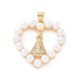 Brass Micro Pave Cubic Zirconia Pendants, with ABS Plastic Imitation Pearl, Heart with Queen Pattern Charm, Golden, 26x26x5mm, Hole: 3.5x5mm(KK-G460-01G)