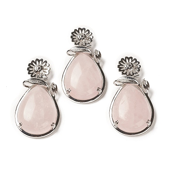 Natural Rose Quartz Pendants, with Brass Findings, Flower with Teardrop, 56x28x8mm, Hole: 5x2.5mm
