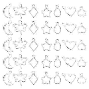 CHGCRAFT 140Pcs 7 Style 304 Stainless Steel Pendants, Hollow, Mixed Shapes, Stainless Steel Color, 10~15x7~14x0.8mm, Hole: 1~1.4mm, 20pcs/style