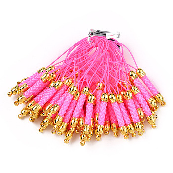 Korean Polyester Thread Pendants Decorations, with Golden Tone Brass Findings, Magenta, 73mm, Hole: 1.6mm