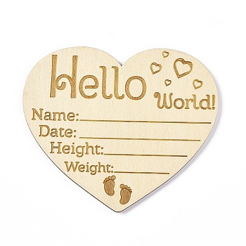 Wooden Hello World Baby Photo Props, Birth Announcement Plaques, Wooden Growth Milestone Signs, Heart, 8.5x9.9x0.3cm