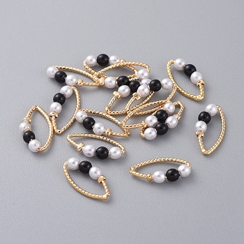 Real 18K Gold Plated Brass Linking Rings, Marquise Links, with Acrylic Imitation Pearl, Horse Eye, Long-Lasting Plated, White & Black, 15x8.5x3mm, Inner Diameter: 12x4mm
