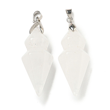 Natural Quartz Crystal Pointed Pendants, Rock Crystal Faceted Bullet Shaped Charms with Rack Plating Brass Snap on Bails, Platinum, Cadmium Free & Lead Free, 43x14mm, Hole: 4x5mm