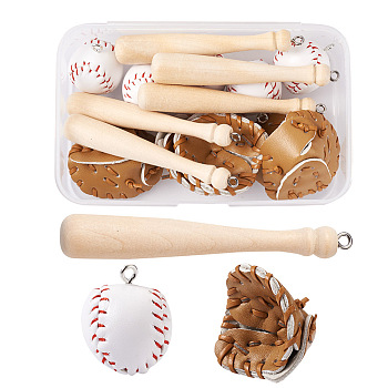 15Pcs 3 Style PU Leather & Theaceae Wood Baseball Exercise Pendants, for DIY Keychain Decoration Accessories, Glove & Bat & Baseball, Mixed Color, 5pcs/Style