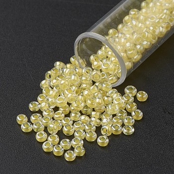 11/0 Grade A Round Glass Seed Beads, Transparent Inside Colours, Luster Plated, Lemon Chiffon, 2.3x1.5mm, Hole: 1mm, about 48500pcs/pound