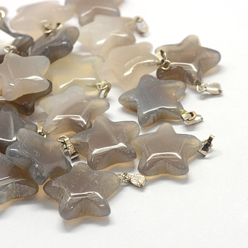 Star Natural Grey Agate Pendants, with Platinum Tone Brass Findings, 22~23x20~24x5~7mm, Hole: 2x7mm