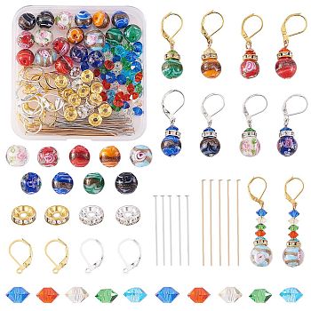 DIY Flower Beads Drop Earrings Making Kits, Including Lampwork Beads, Iron Rhinestone Beads & Pins, Brass Leverback Earring Findings, Mixed Color, 128pcs/box