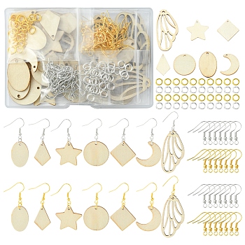 DIY Unfinished Blank Earring Making Kit, Including Moon & Star & Kite & Leaf Natural Poplar Wood Pendants, Iron Earring Hooks, Platinum & Golden, 152Pcs/box