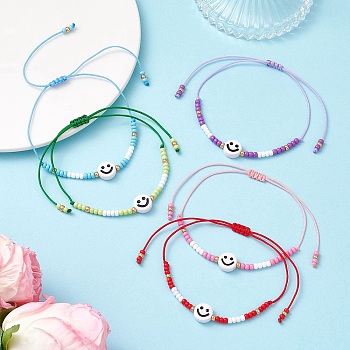 Seed Beads Beaded Beacelets, Braided Nylon Thread Adjustable Bracelets for Women, Smiling Face, Mixed Color, Inner Diameter: 3.54 inch(9cm)