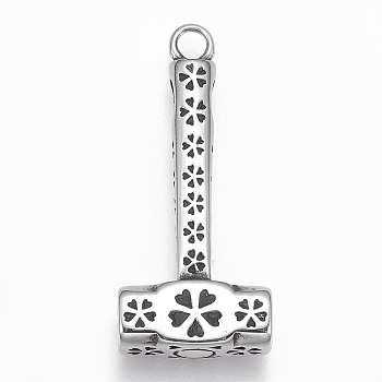 304 Stainless Steel Pendants, Hammer with Flower, Antique Silver, 38x17x6.5mm, Hole: 3mm