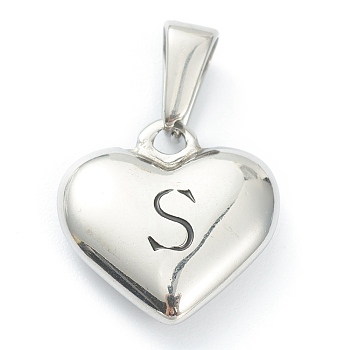 304 Stainless Steel Pendants, Heart with Black Letter, Stainless Steel Color, Letter.S, 16x16x4.5mm, Hole: 7x3mm
