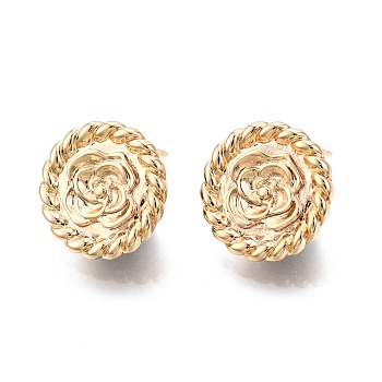 Flat Round with Flower Pattern Brass Stud Earring Findings, with Vertical Loops, Nickel Free, Real 18K Gold Plated, 18mm, Hole: 1.6mm, Pin: 0.7mm