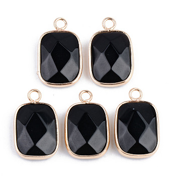 Faceted Natural Black Stone Pendants, with Golden Plated Brass Edge and Loop, Rectangle, 22x13.5x5.5mm, Hole: 2mm